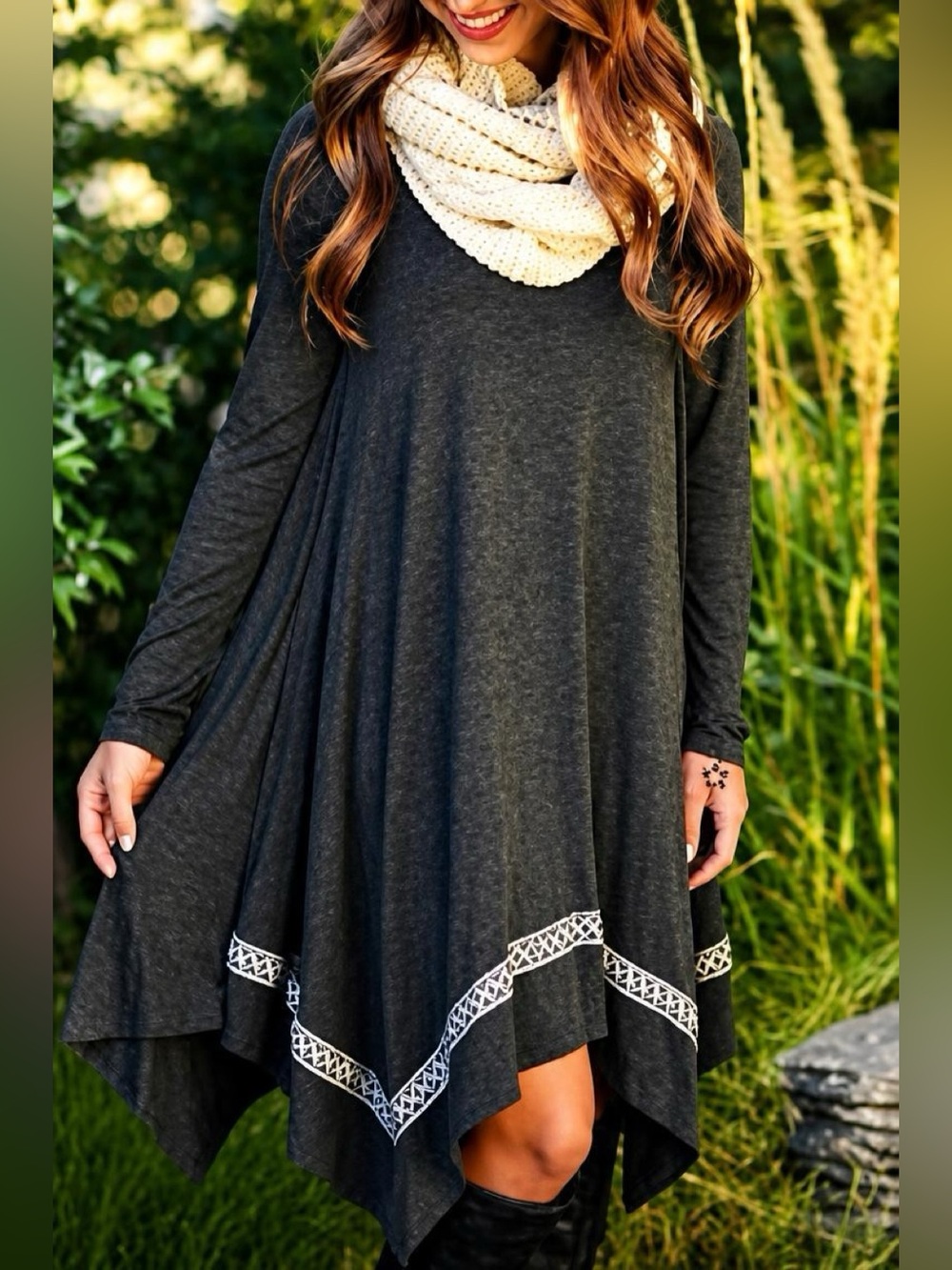 Easel Long Sleeve Charcoal Swing Boho Dress with Crochet Trim Fall Vibes